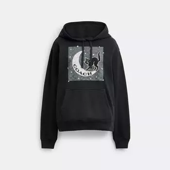 Coach Хэллоуин Черная кошка Луна Фирменная квадратная толстовка с капюшоном черного цвета Small