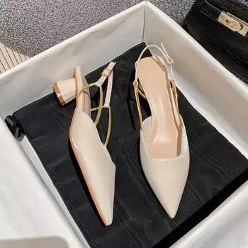 Coarse heel bag head sandals new one-word buckle temperament pointed fashion middle heel empty sandals women 35