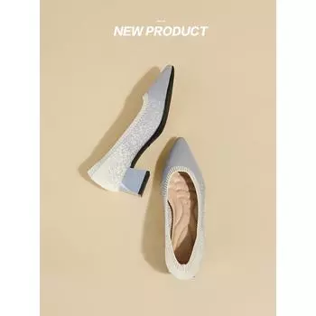 Coarse heel shoes 2025 new starry sky gradual change knitted pointed middle heel single shoes women s cross-border high heel flying knitting 34
