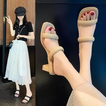 Coarse heel with cool slippers for women to wear in summer 2025 New French fashion versatile temperament high heel slippers 35 бежевый