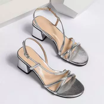 Coarse-heeled sandals women s open-toed strap rear empty high-heeled sandals women s summer round-head large-size sandals 35 серебряный