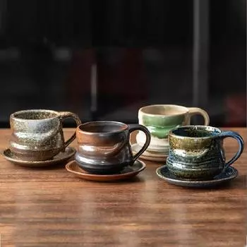 Coarse Pottery Kiln Coffee Cup and Saucer Set Retro Ceramic Mug Home Pull Flower Cups Couples Breakfast Mug Home Decoration 260ml