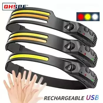 COB Headlamp Powerful Induction LED Sensor Head Torch USB Charging with Battery Flashlight For Fishing Outdoor Riding Camping белый