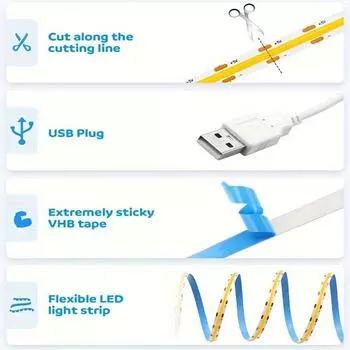 COB Light Strip 5V USB LED Touch Dimmer Гибкая диодная лента Линейная лампа для внутреннего освещения Комната DIY TV Зеркало Подсветка Настенный декор 1m