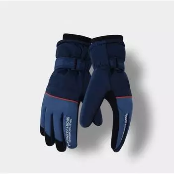 Cold-Proof Touchable Screen Five-Finger Couple Ski Gloves Finger Letters (Men s-Navy Blue) One size