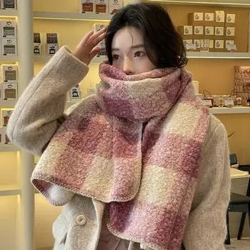 Coldproof Plaid Fleece Scarf Korean Style Winter Cashmere Shawl Elegant Curly Wool Scarf Girls Style 8