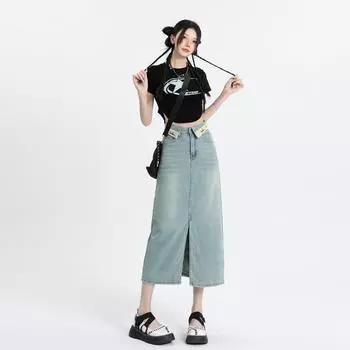 Collar Tiled Letter Embroidered Denim Skirt for Women In Summer New Front Slit Slim Denim Skirt XS