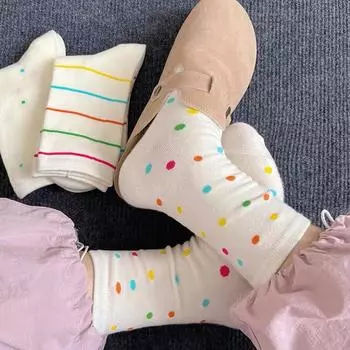 Color Polka Dot Pure Cotton Socks Women S Medium Tube Socks Tide Girls Japanese White Stockings One Size