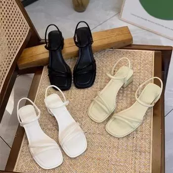Comemore 2024 Лето Новые Модные Босоножки на Среднем Каблуке с Открытым Носком и Квадратной Головкой, Женская Обувь, Элегантные Каблуки 4,5 см 35 белый