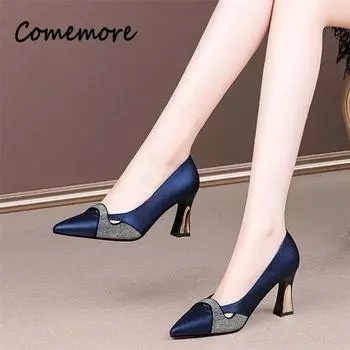 Comemore Lady Осенние летние удобные туфли-лодочки с острым каблуком Женские классические темно-синие туфли с кристаллами на высоком каблуке Mulheres De Salto Alto 35 чёрный