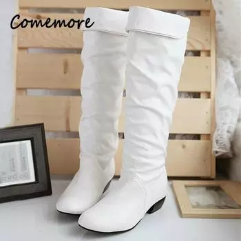Comemore Round Toe Solid Осенние модные ботинки на низком каблуке Повседневные удобные длинные ботинки Весенняя обувь Элегантные женские сапоги до колена 2024 года 35 чёрный
