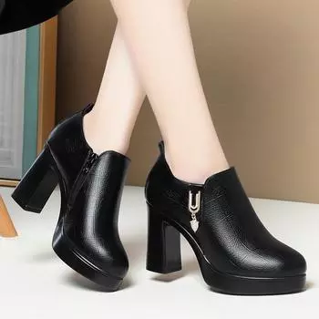 Comfortable Deep Mouth Soft Leather Anti-slip Shoes Platform Spring 2024 Women s Block Black High Heels Office Mother Shoes 34(Foot22cm)