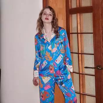Comfortable Ice Silk Pajamas Women s Lapel Spring and Summer Long Sleeve Home Clothes New Style M