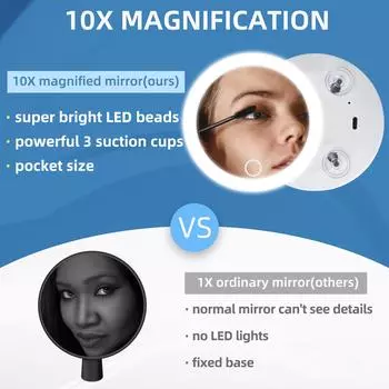 Compact Mirror with Natural LED Light, Magnifying Mirror Rechargeable Lighted Travel Makeup Mirror, 4 with 3 Suction Cups