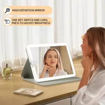 Compact Rechargeable Travel Makeup Mirror Slim LED Vanity Mirror with Lights Lighted Makeup Mirror Stand Portable for bed rooms розовый