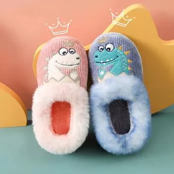Comwarm Children Winter Fluffy Slippers Cute Dinosaur Plush Cotton Slippers Kids Soft Cozy Furry House Slides Warm Cotton Shoes 23-24