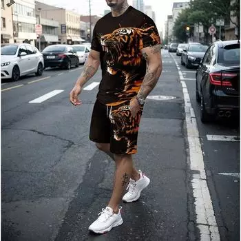 Conjunto de chndal de tigre feroz para hombre, camiseta informal con estampado 3D, ropa deportiva corta de manga corta, 2 pieza S