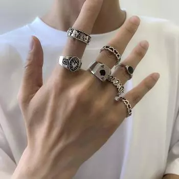 Cool 7 pcs Hip-hop Spades A Zinc Zinc Alloy Width Punk Style Irregular Ring Men Finger Ring Korean Style Ring серебряный