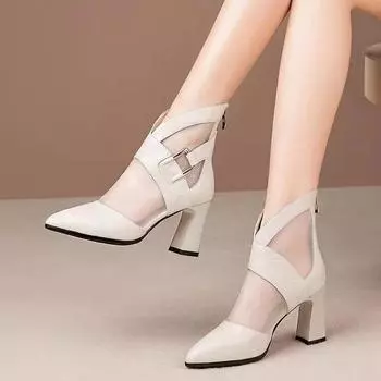 Cool boots women s 2025 spring and summer new pattern leather mesh bag head high heel sandals thick heel pointed hollow mesh boots large size 35
