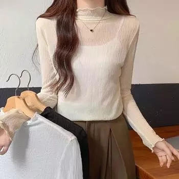 Cool fungus bottoming t-shirt for women, half turtleneck, right shoulder, slim fit, autumn and winter warm lace long-sleeved top S