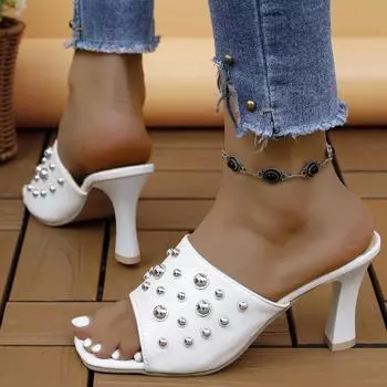 Cool slippers 2025 spring new style large size rivet open-toed stiletto high heels one-word high-heeled slippers 36 белый