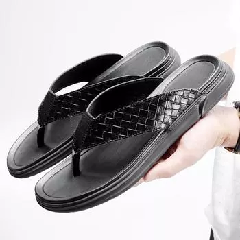 Cool Slippers Men Genuine Leather Fashion Flip Flop Summer Soft Shoes Men Shoes Outdoor Flat Shoes Men s Beach Cowhide Slippers 38 чёрный