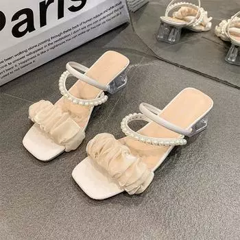 Cool slippers women s new summer medium heel thick heel versatile outer wear pearl two wear sandals 35 бежевый