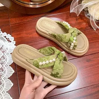 Cool slippers women s summer outer wear fashion 2025 new beautiful skirt platform beach sandals one-word drag 35 зелёный