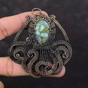 Copper Amazonite Pendant Copper Wire Wrapped Pendant Gemstone Jewelry Octopus Pendant Handmade Pendant Copper Wire Wrap Jewelry Gift For Him