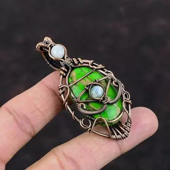 Copper Green Turquoise Pendant Evil Eye Pendant Copper Wire Wrapped Gemstone Pendants Moonstone Pendant Handmade Pendant Copper Wire Jewelry