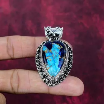 Copper Lapis Turquoise Handmade Gemstone Pendant, 925 Solid Sterling Silver Pendant Amazing Jewelry, Love Forever Gift 2.04 Inches