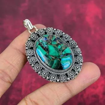 Copper Malachite Pendant, 925 Solid Sterling Silver Gemstone Jewelry, Handmade Pendant, For Thanksgiving 2.24 Inches зелёный