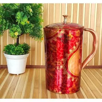 Copper Red Floral Abstract Printed Jug with Brass Knob On Top, 1500 ml