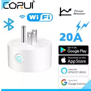 Corui 20a Us Plug Wi-Fi Bluetooth Беспроводная розетка с дистанционным управлением Монитор заряда Голосовое управление Домашняя огнезащитная умная розетка для ПК WITH Power Monitor&100-240V&us&20A-white
