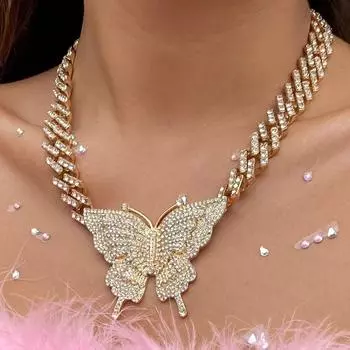 Cosysail блестящее ожерелье из кубинской цепочки Iced Out Miami в стиле хип-хоп с подвеской в виде бабочки из большого хрусталя и кристаллов, ювелирные изделия 50cm