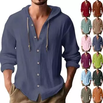 Cotton And Linen Hooded Shirt For Men, Casual Solid Color, Breathable Button Long-sleeved Hooded Shirt, Loose Sports Beach Long-sleeved Shirt XXXL