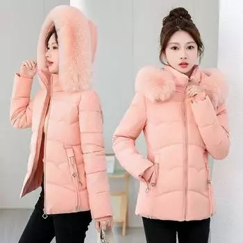 Cotton jacket short women s new 2025 small man fashion waist with big fur collar windproof sleeves padded jacket L