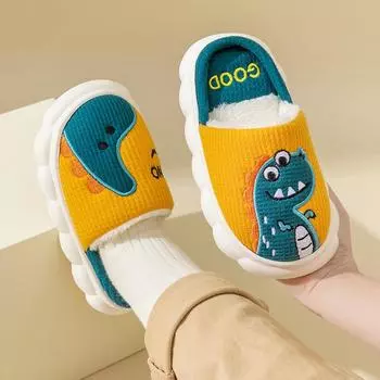 cotton slippers autumn and winter cute boys and girls cartoon dinosaur indoor home shoes medium and older fluffy slippers 18-19 (inner length of shoes 16cm)