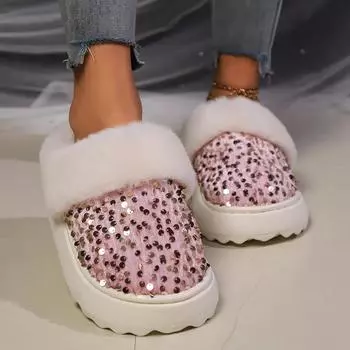 Cotton Slippers Women Winter 2024 Winter New Women s Glitter Home Plush Slippers Womens Shoes 36-37 fit 35-36 чёрный