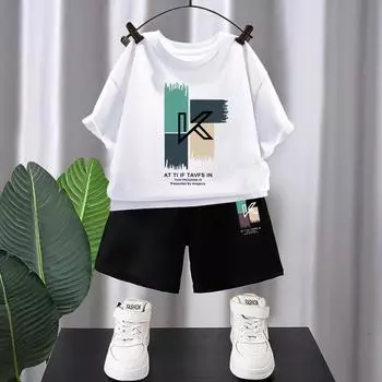 Cotton Summer Breathable Children s Short-sleeved Suit Loose Korean Boys T-shirt Half-sleeved All-match Suit 150 белый