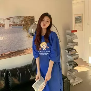 Cotton Summer New Korean Loose Letter Printing Student Slit Short Sleeve Mid-length Dress for Women One size белый