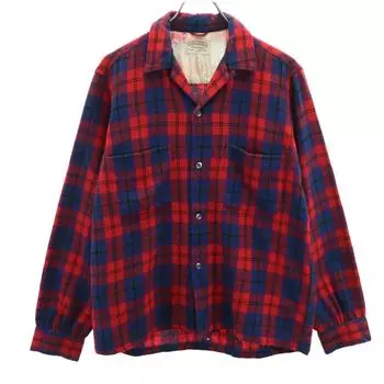 Country and Casual 60s Vintage Wool Blend Check Pattern Long sleeve Open collar Wool shirt Men s Used