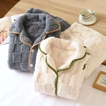 Couples Autumn Winter 2PCS Pajamas Women s Coral Fleece Home Clothes Men s Lapel Sleepwear Loose Casual Flannel Thick Nightwear M