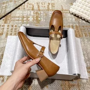 Cowhide Black High Heels Square Toe Mary Jane Shoes Leather Non-slip T-belt Buckle Korean Version Retro Old-fashioned 35 коричневый