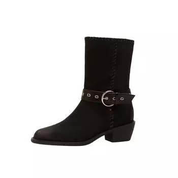Cowhide~ Genuine leather retro square-headed Martin boots women s high-heeled locomotive boots temperament folded thick-heeled western cowboy boots 35