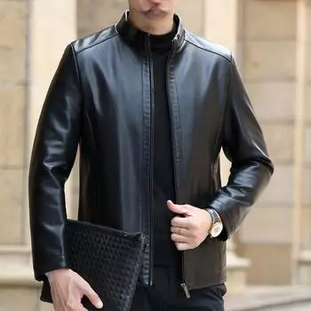 Cowhide leather jacket men s genuine leather stand collar middle-aged men s dad wear business casual leather jacket jacket M