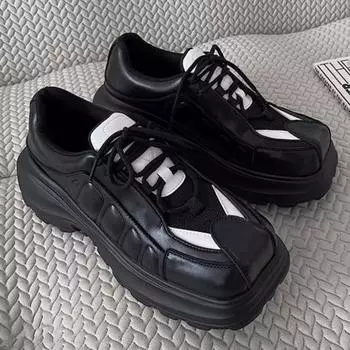 Cowhide original niche thick-soled dad shoes men s retro height-increasing square head sports shoes muffin bottom wide head color matching leathe 37