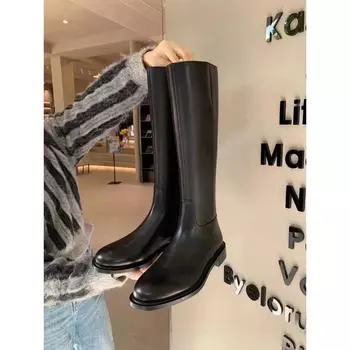 Cowhide retro leather flat boots women s thick heel gold buckle knight boots but knee high boots 35
