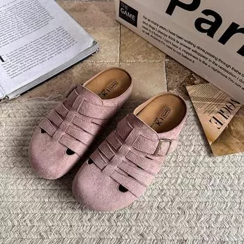 Cowhide version~ Genuine leather women s flat-bottomed retro baotou half slippers women s summer wear pig cage sandals 35