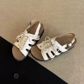 Cowhide version~ New hollow lace-up leather shoes for women to wear retro round head versatile thick-soled beach sandals 35